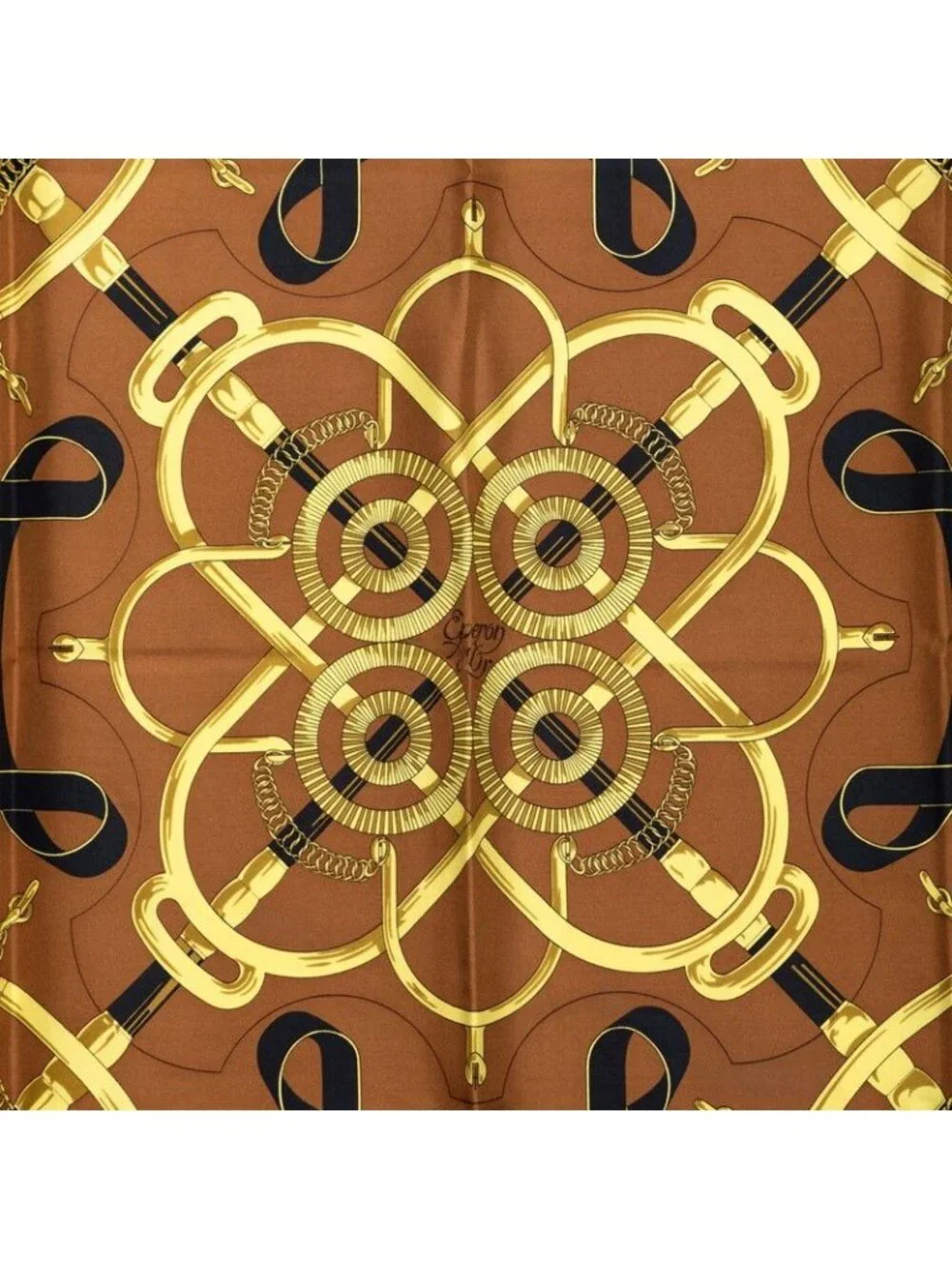 Hermes Carre 90 Eperon D'or Apron Yellow Gold Spurs Scarf Brown Silk